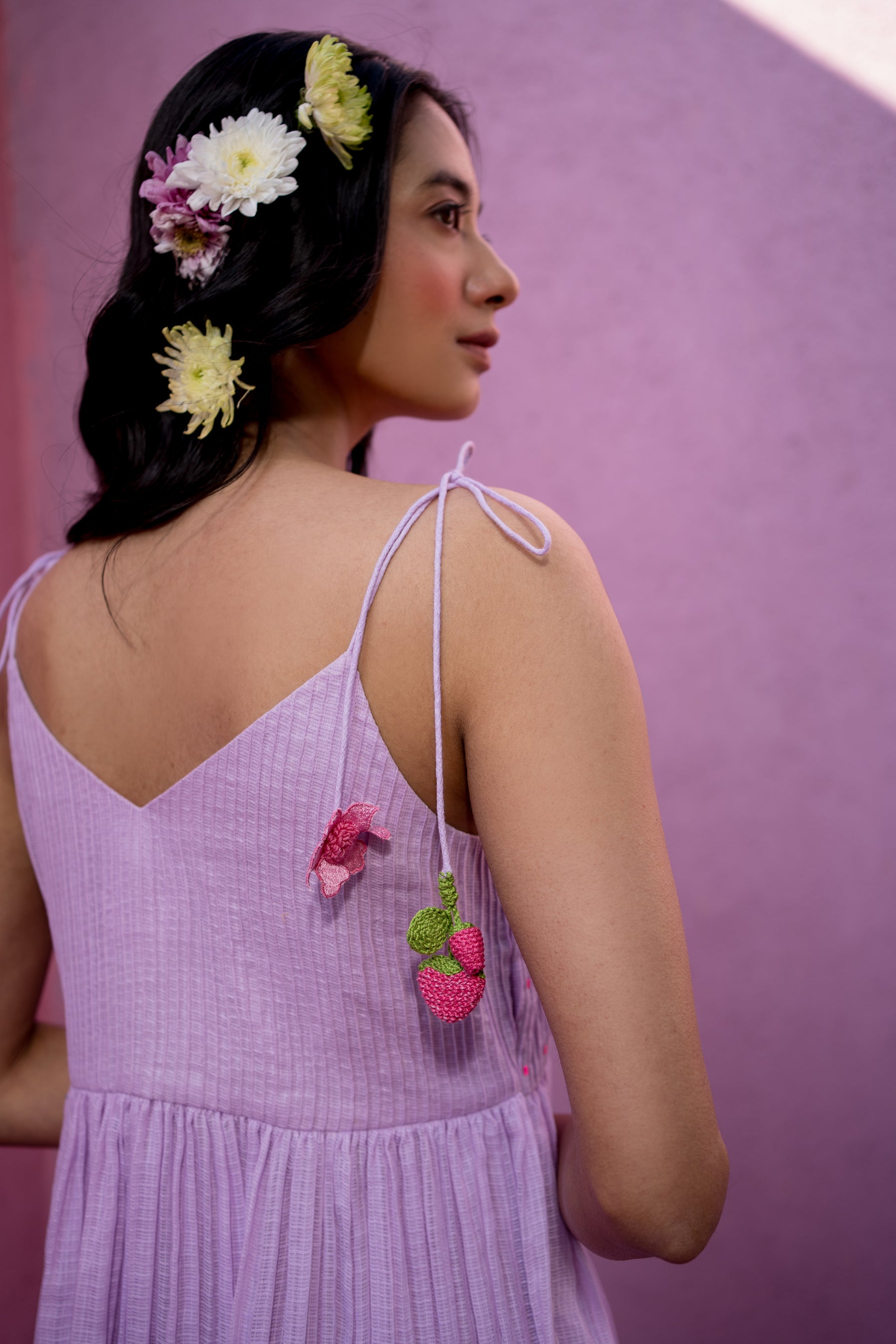 Purple pintucks yoke dress
