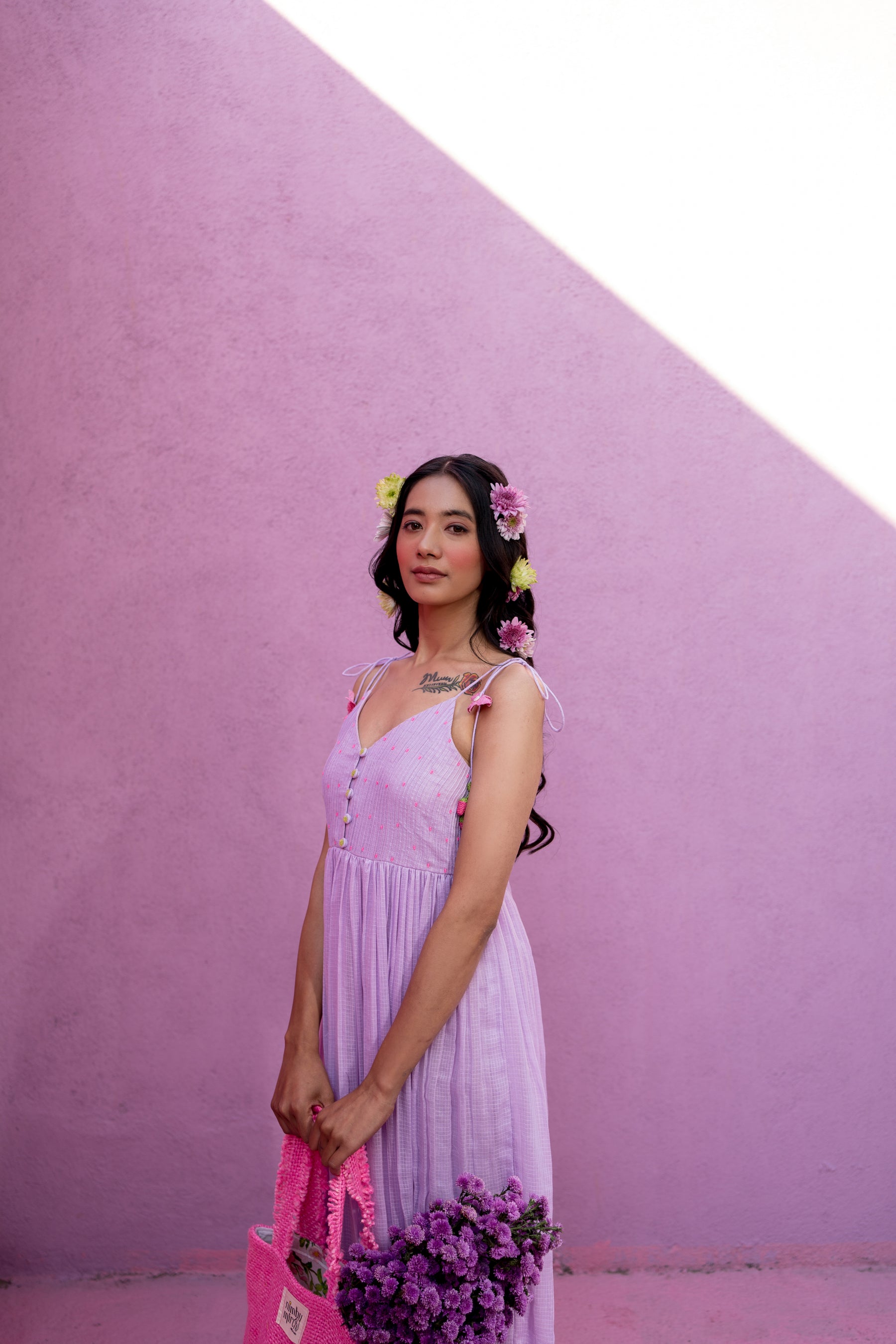 Purple pintucks yoke dress