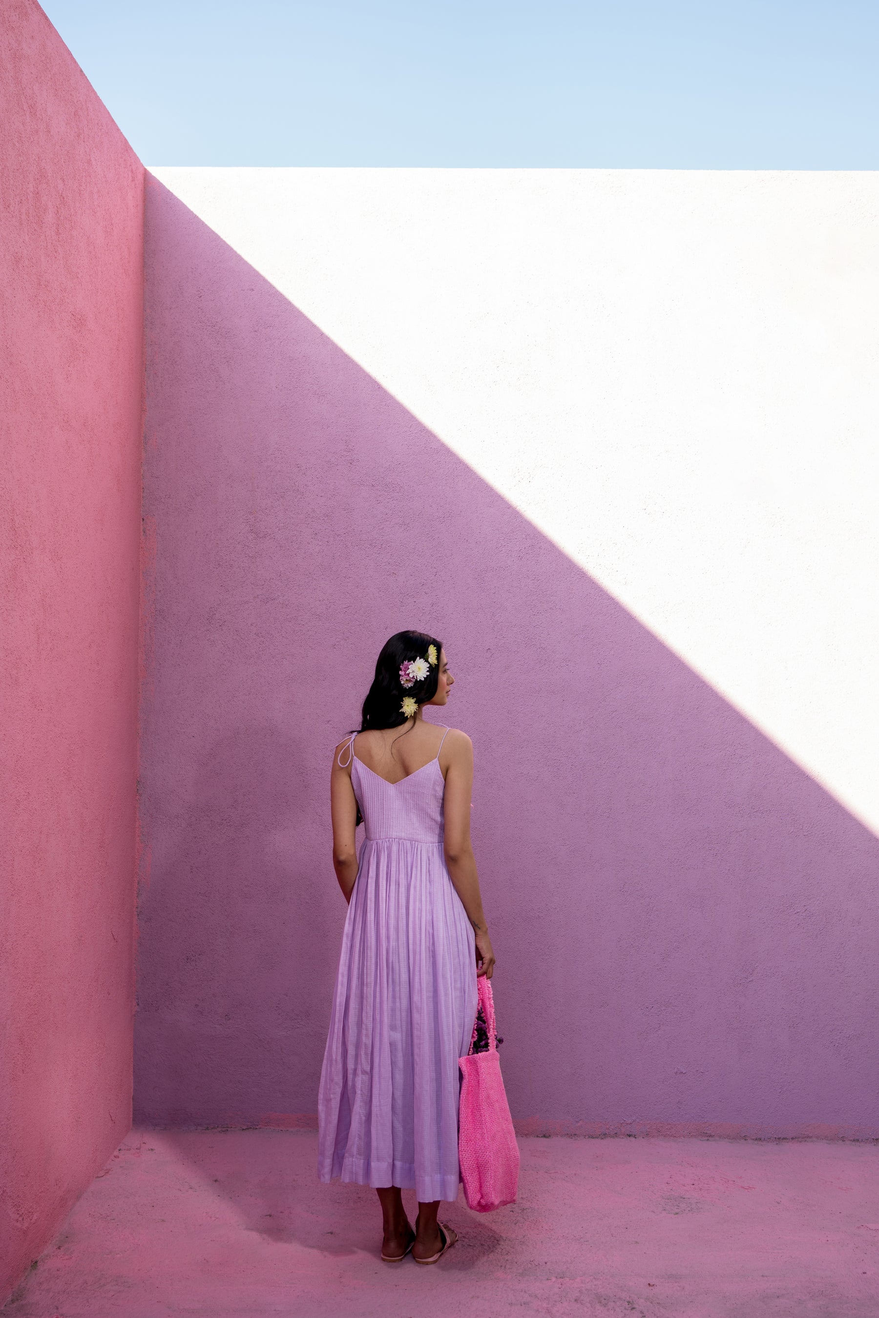 Purple pintucks yoke dress