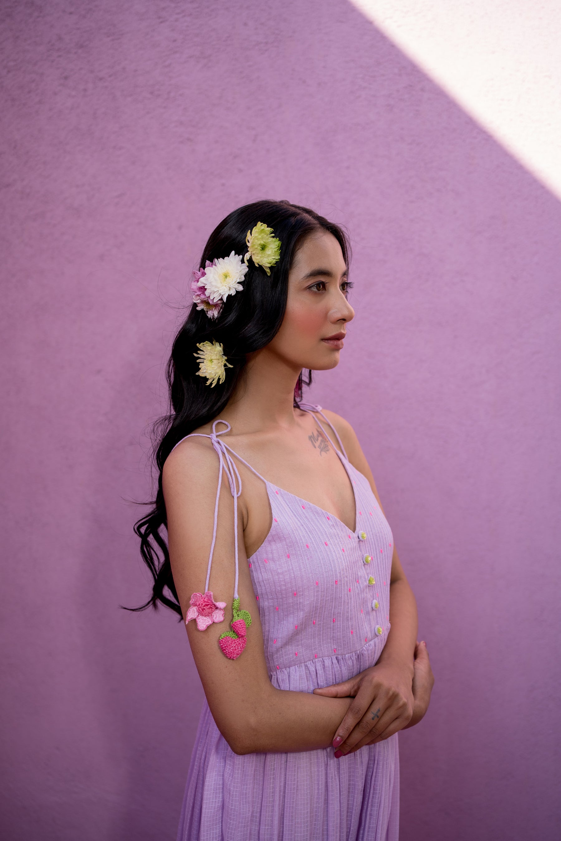 Purple pintucks yoke dress