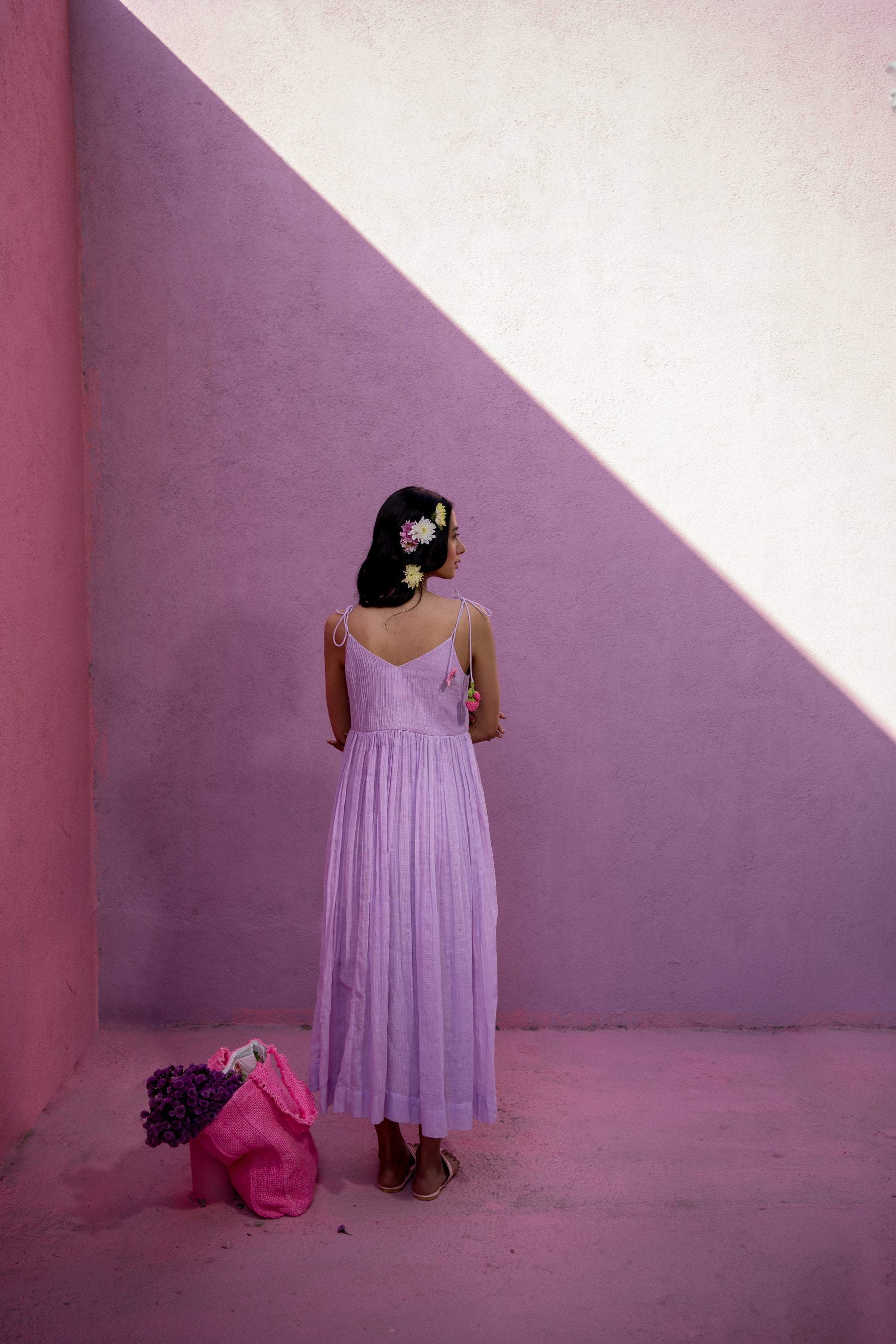 Purple pintucks yoke dress