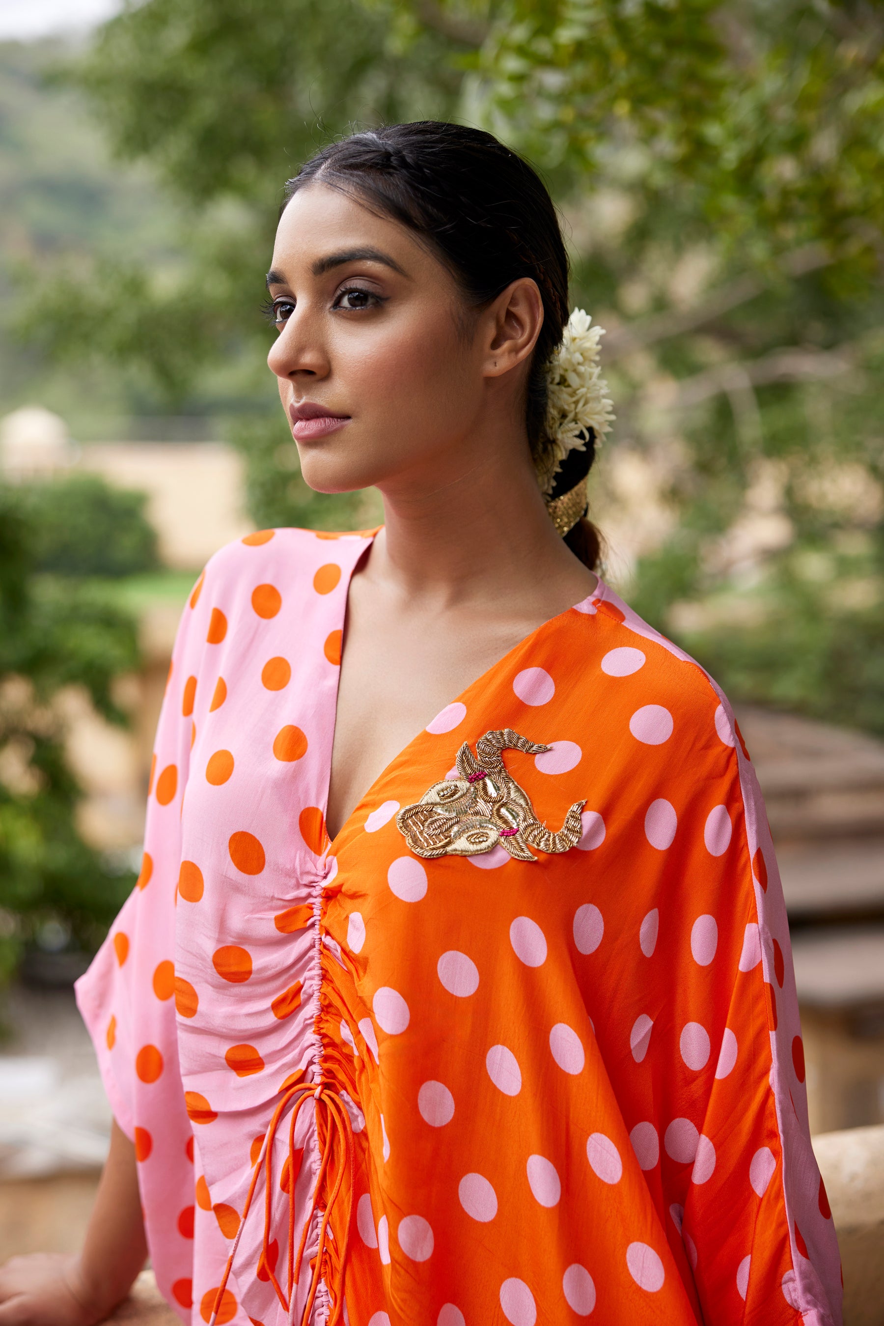 pink and orange polka print kaftan