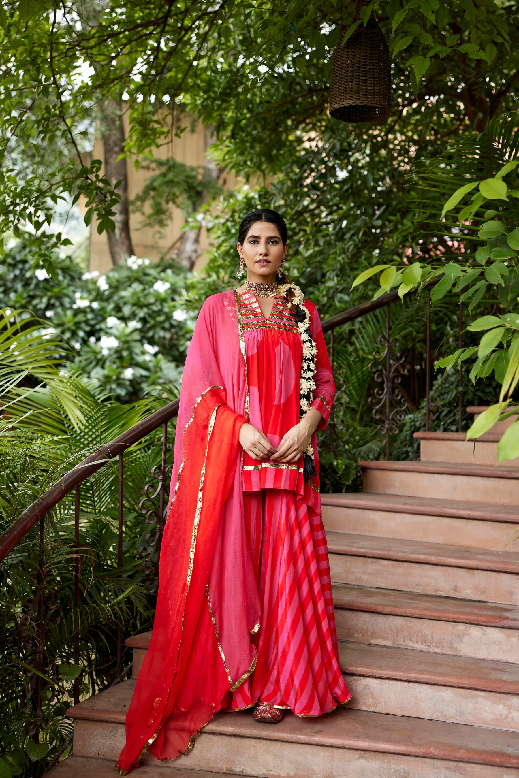 Red and pink polka kurta and sharara