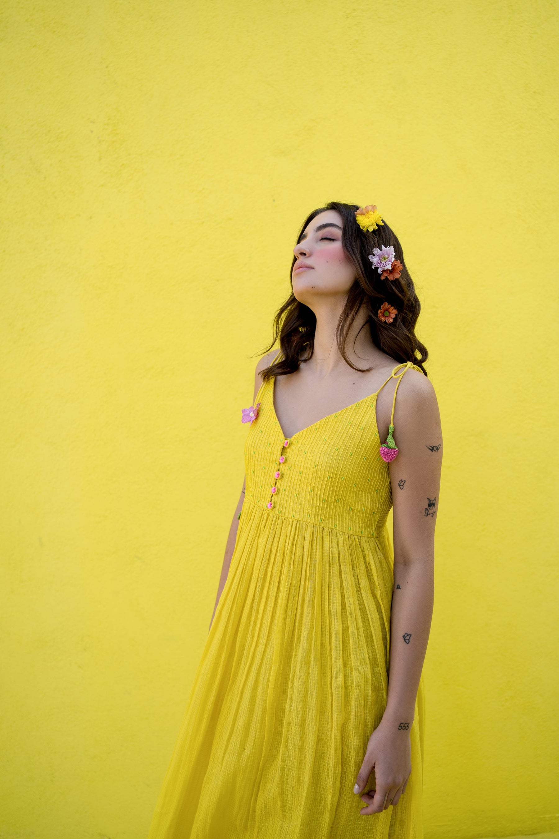 Yellow pintucks yoke dress