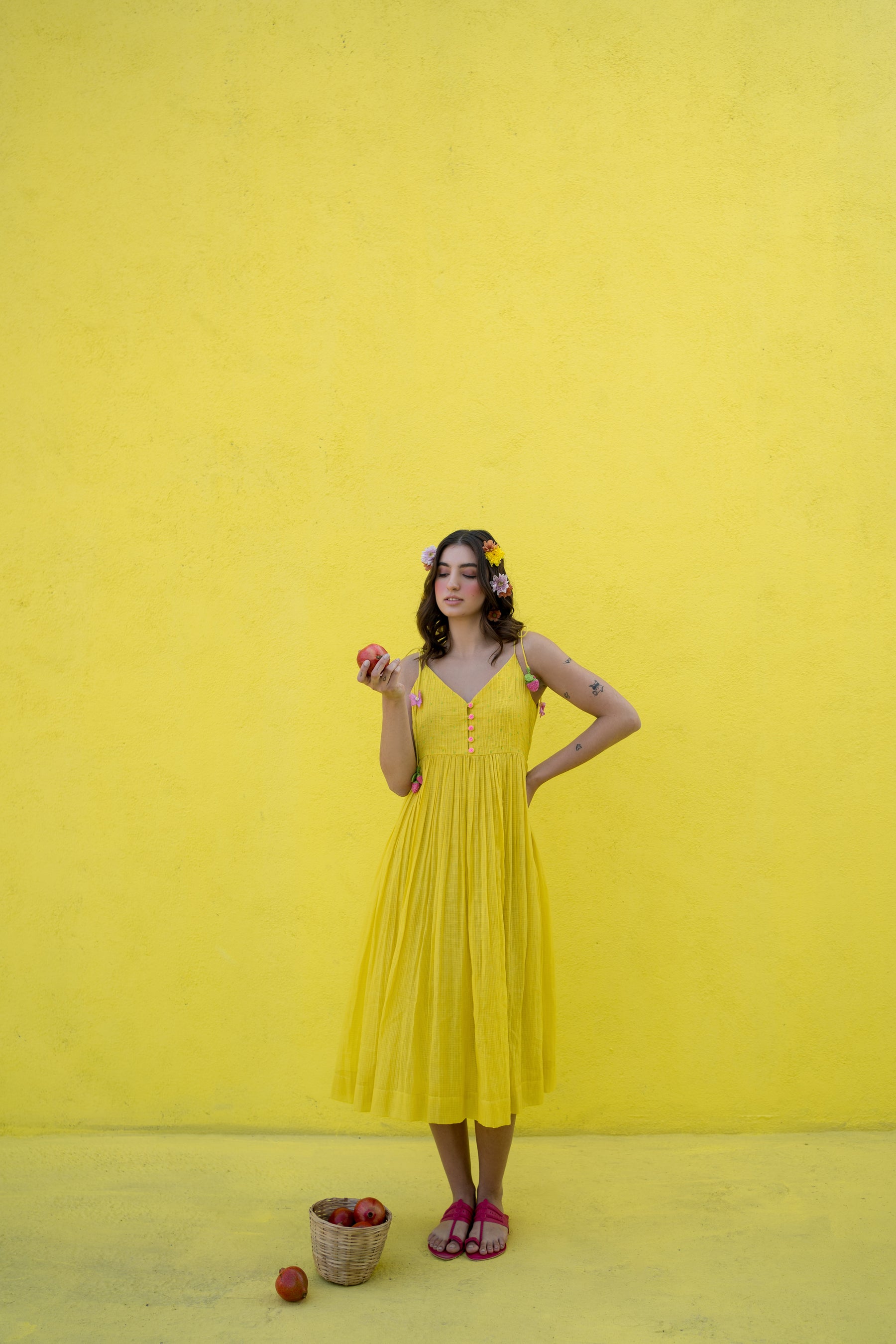 Yellow pintucks yoke dress