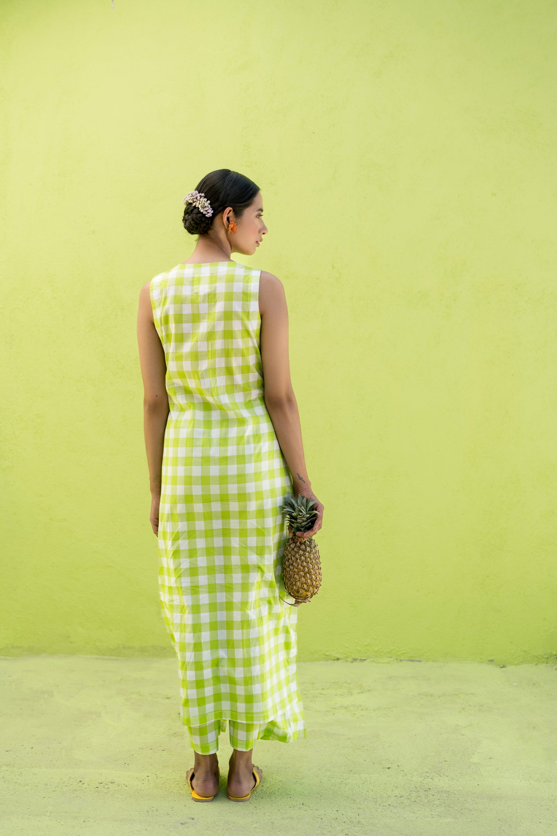 Light green checks straight kurta set