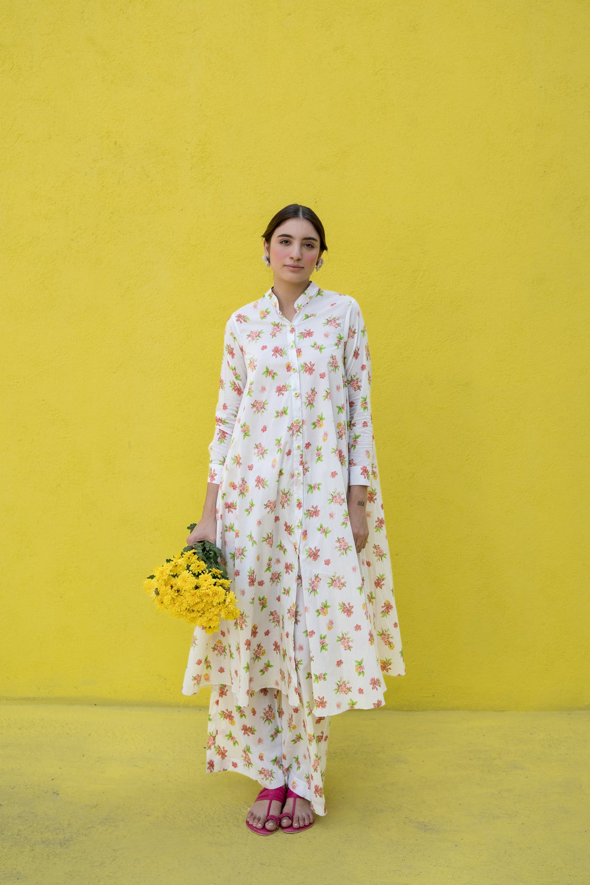 white floral long kurta set