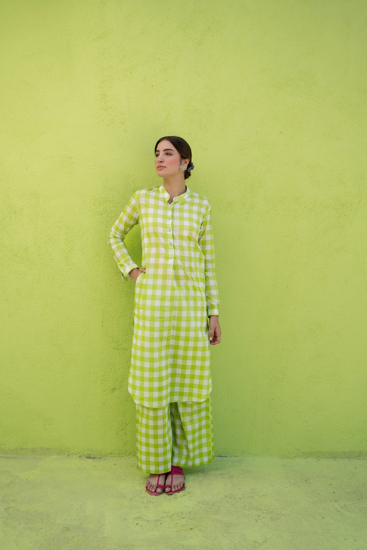 Light green checks kurta set