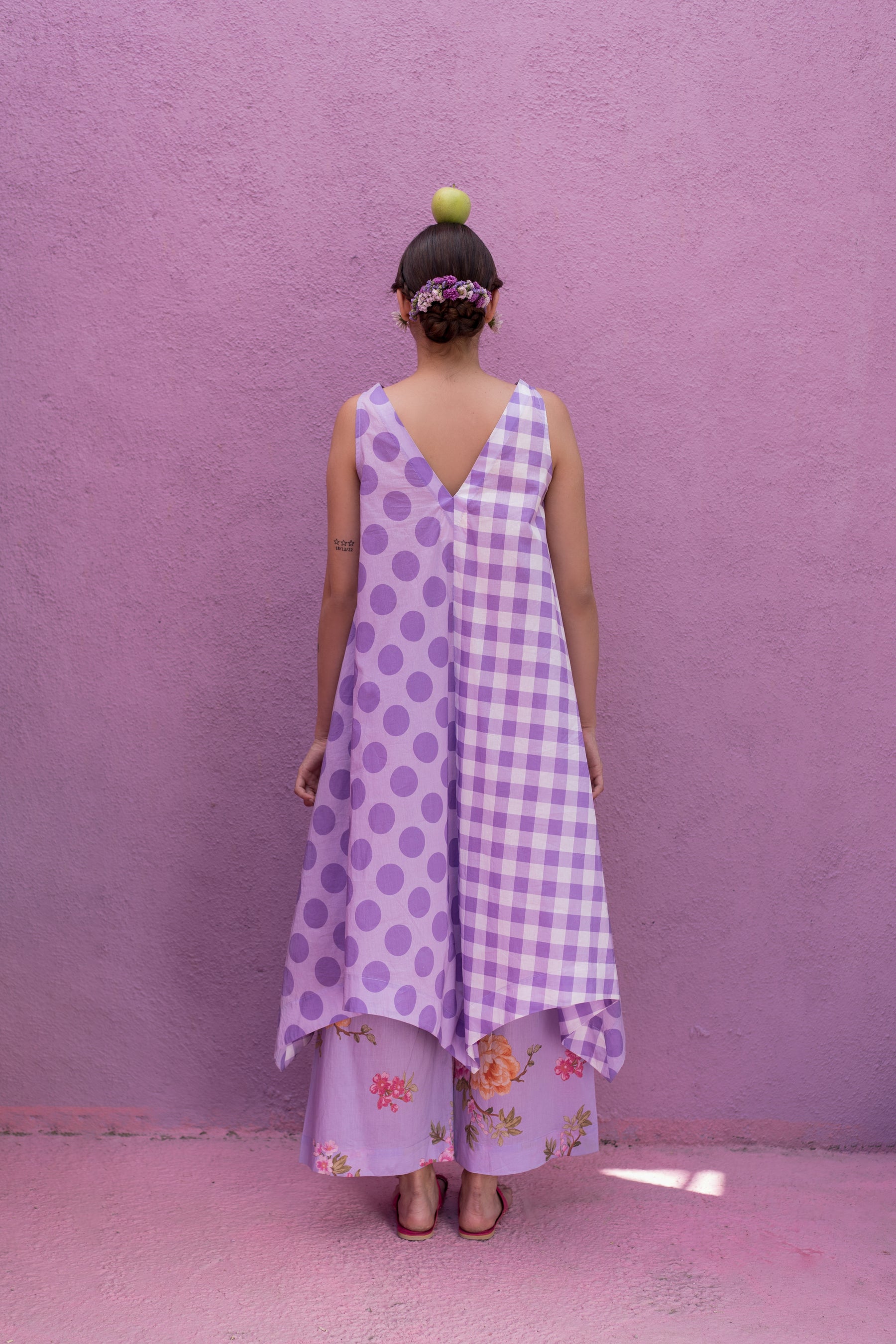 Purple polka checks half and half kurta set