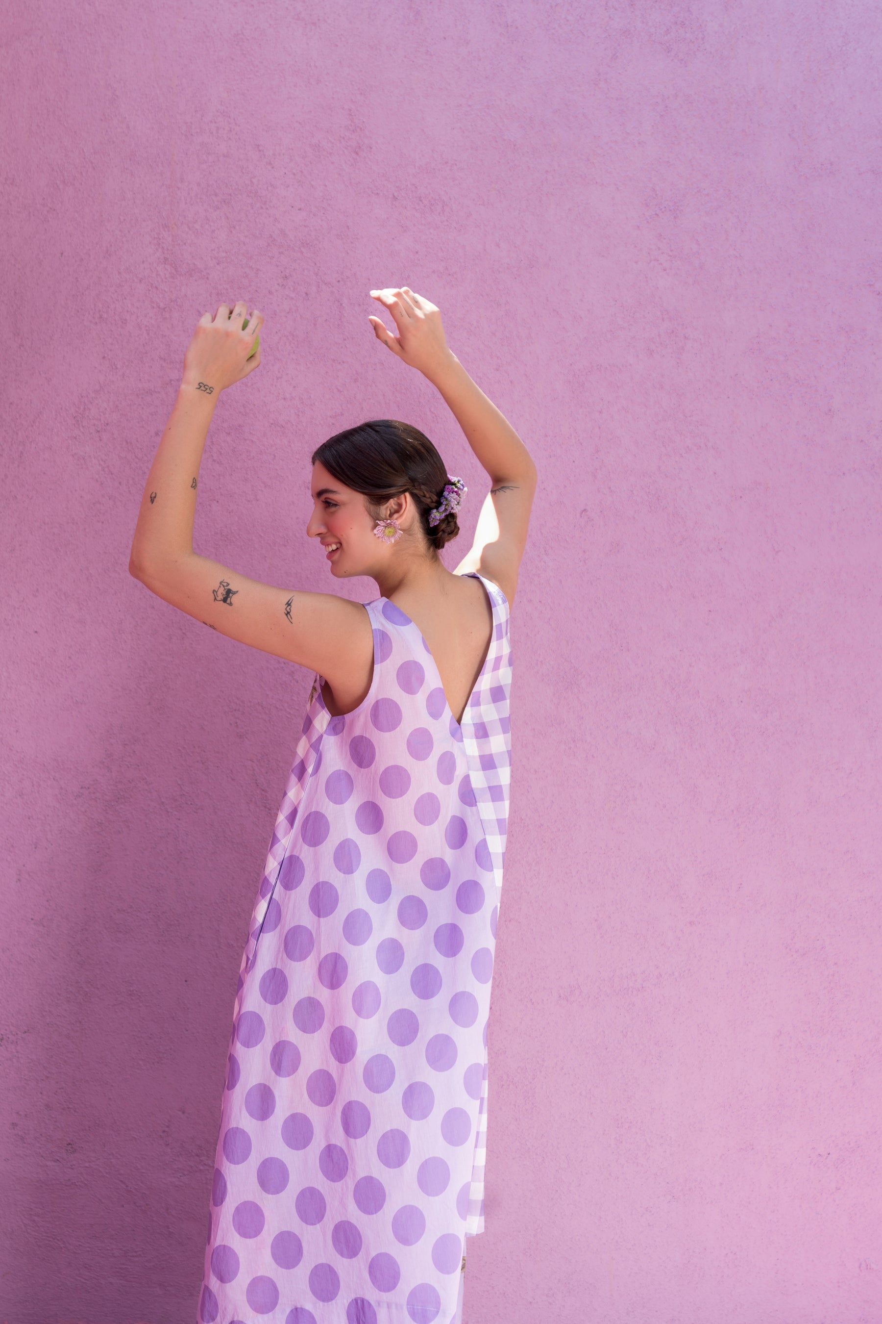 Purple polka checks half and half kurta set