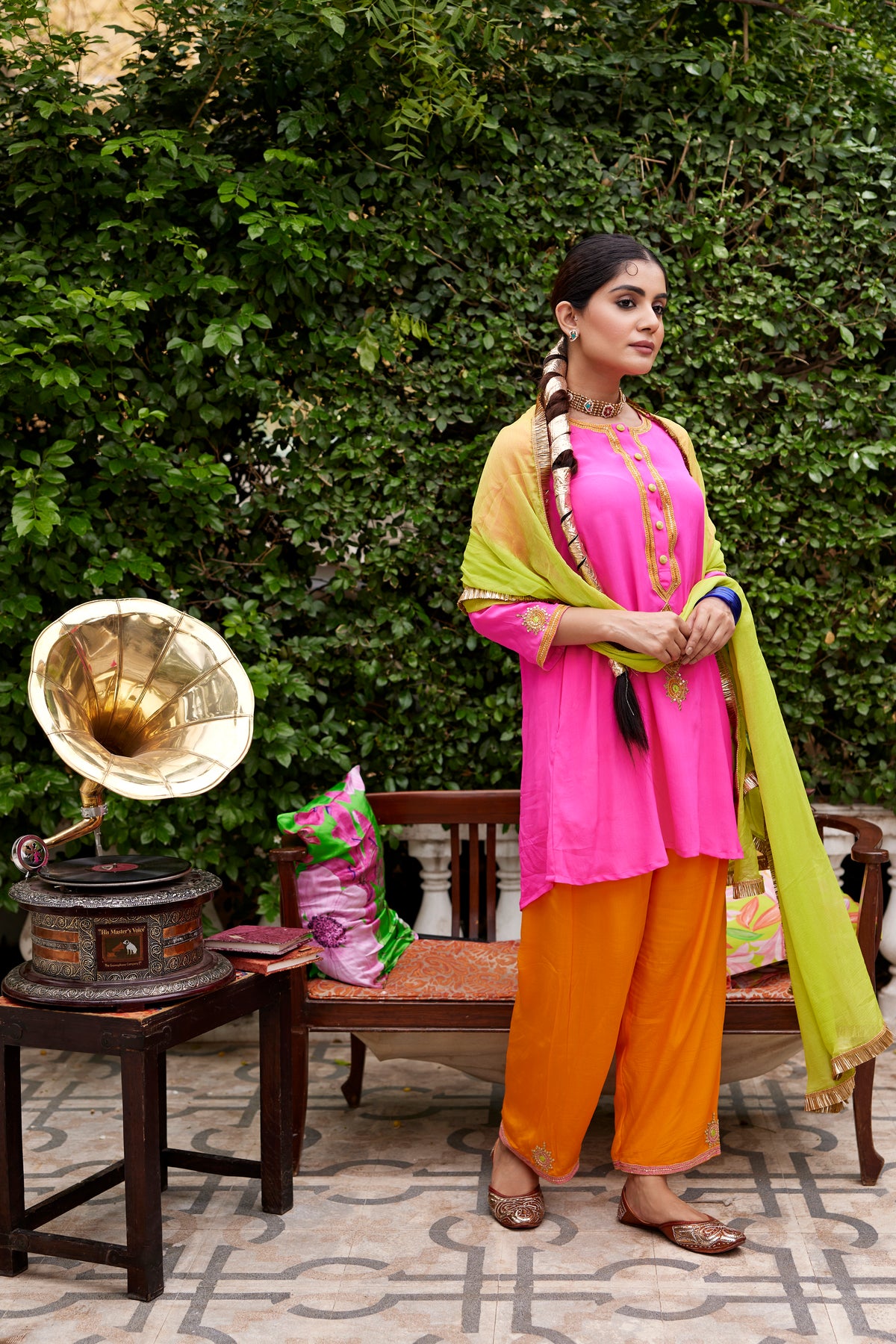 Hot pink and orange kurta set