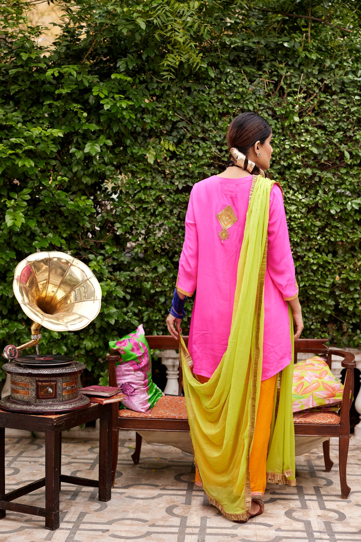 Hot pink and orange kurta set