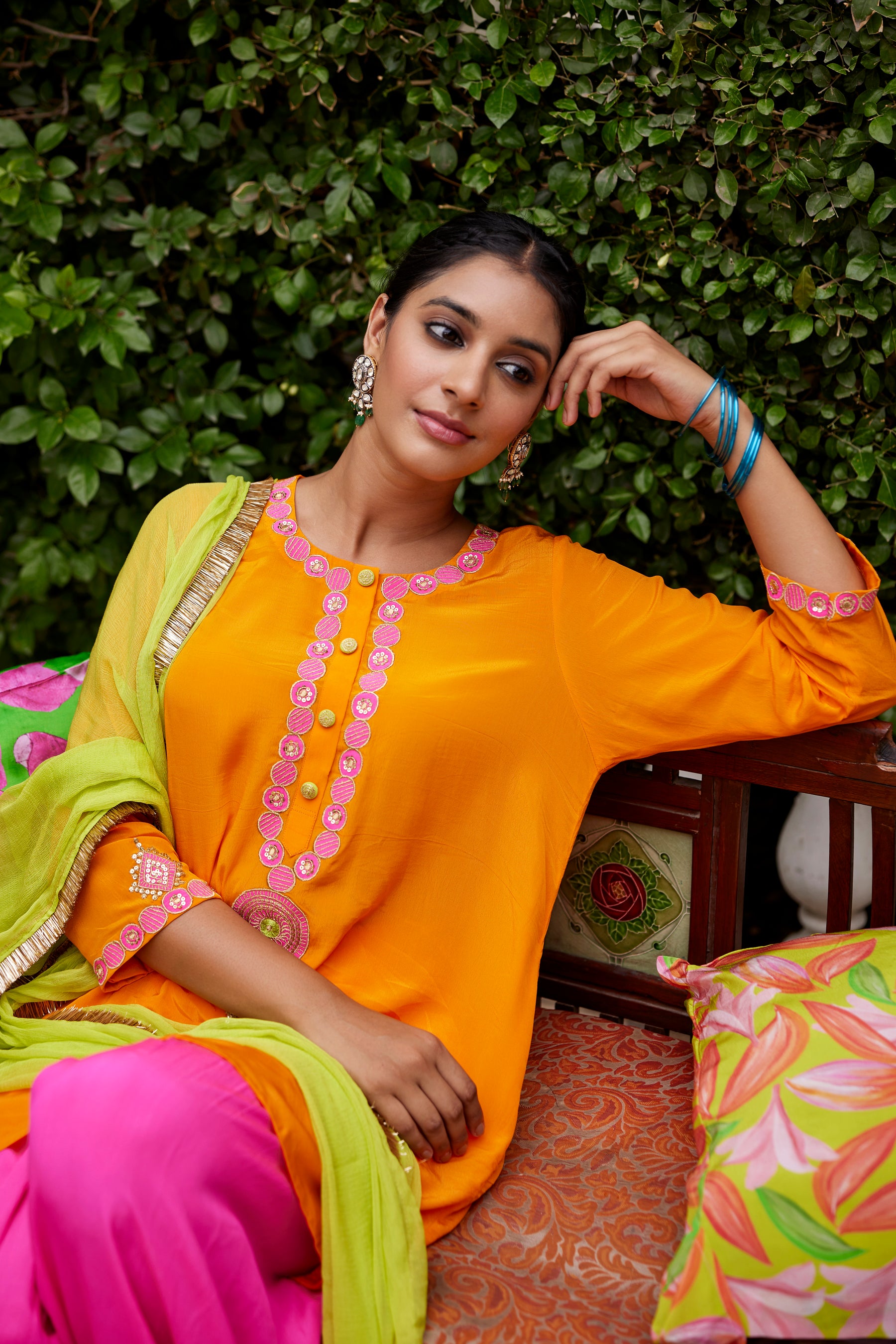 Orange and Hot pink kurta set