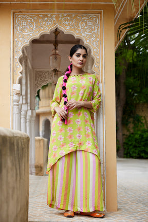 Neon green asymmetric kurta set