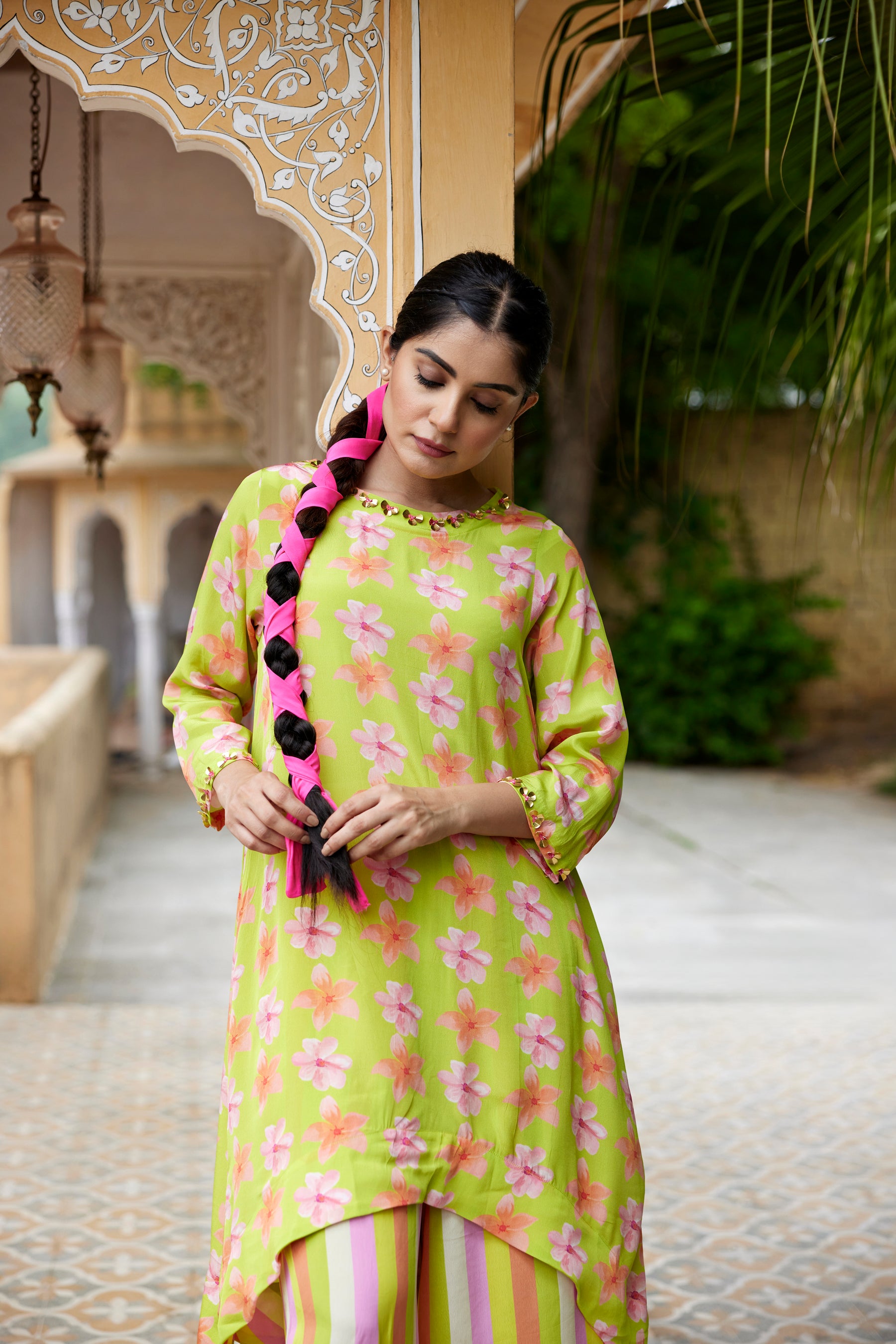 Neon green asymmetric kurta set