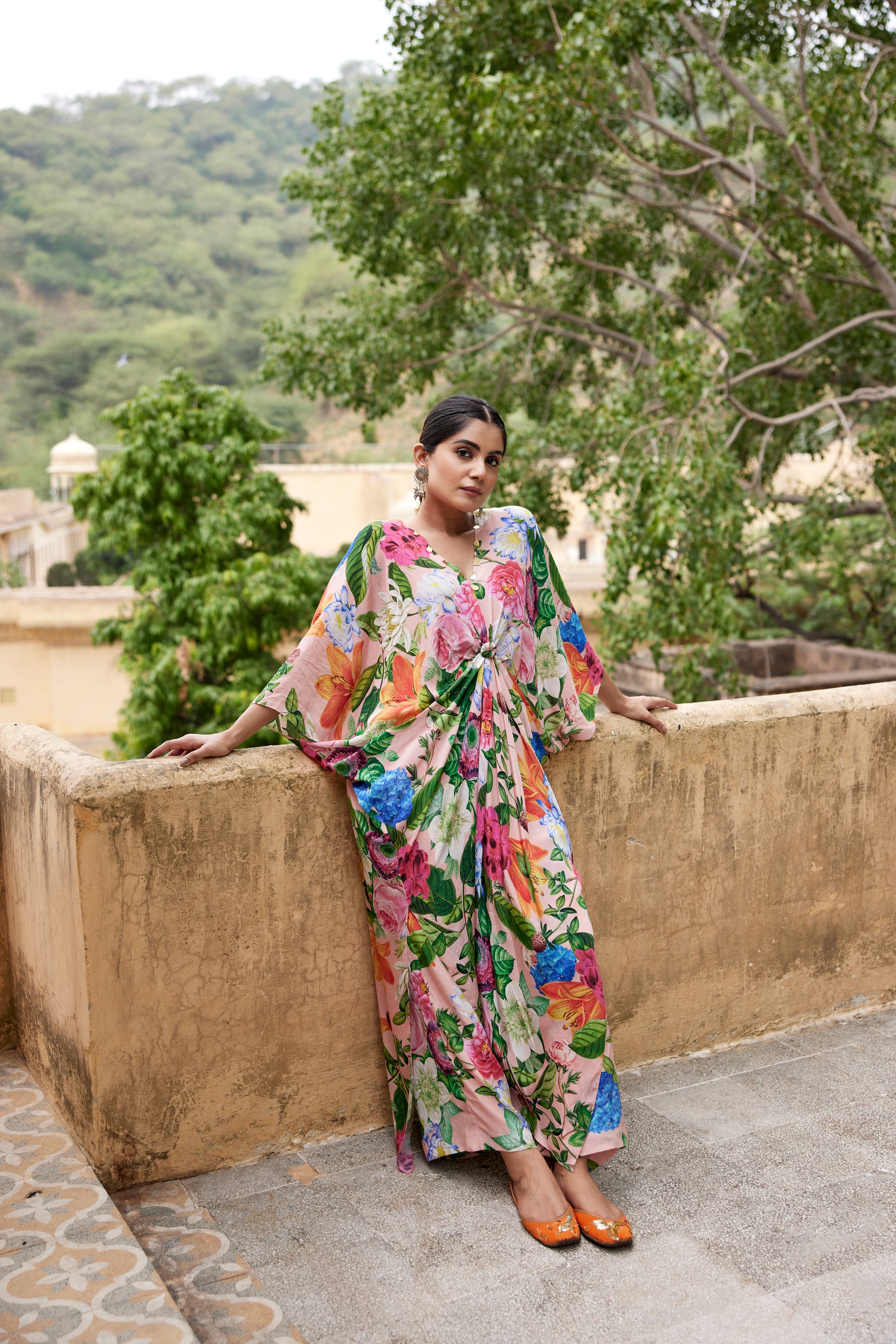 Peach floral Knot kaftan set