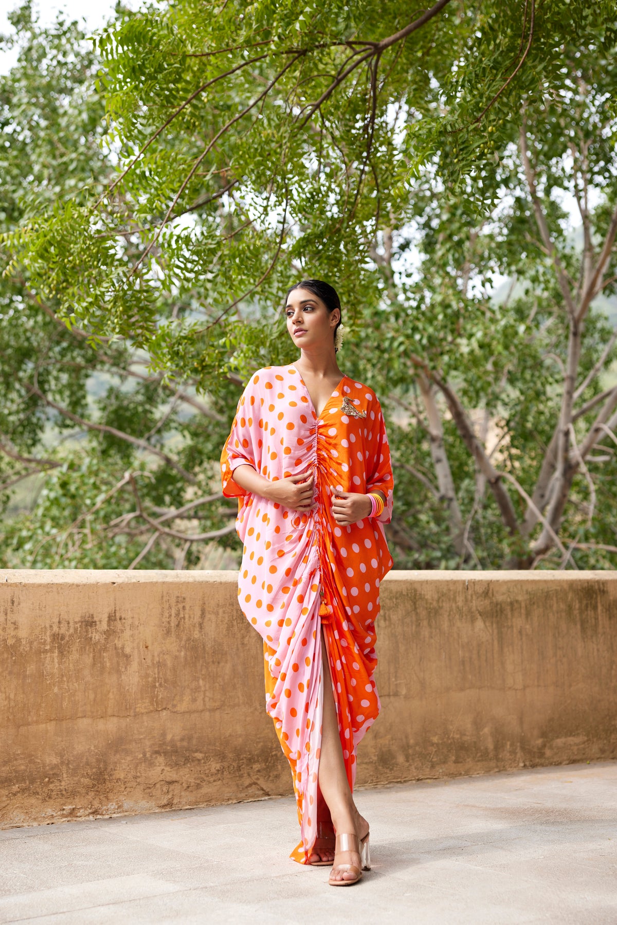 pink and orange polka print kaftan