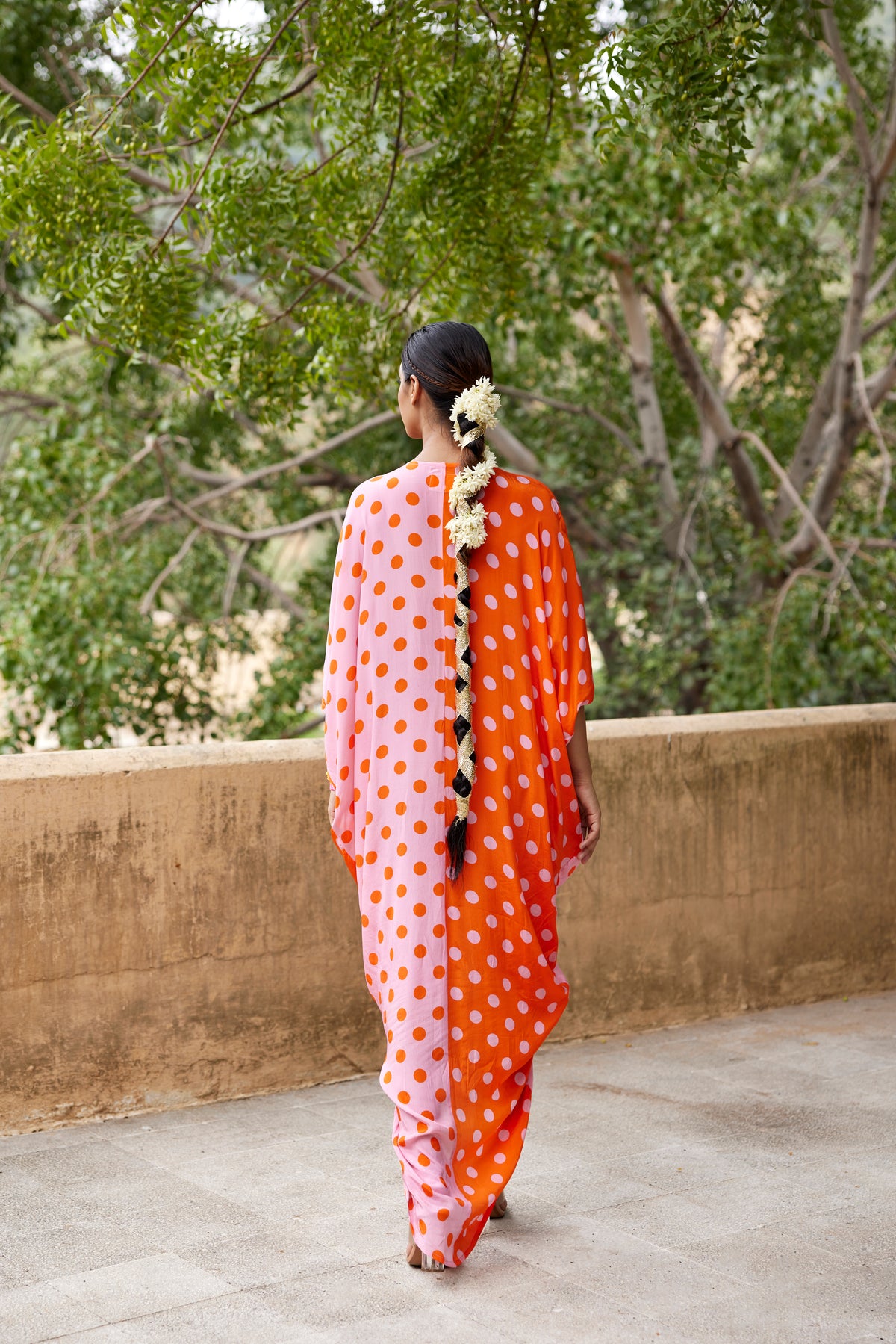 pink and orange polka print kaftan