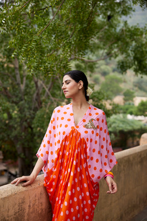 Pink and orange polka half and half kaftan