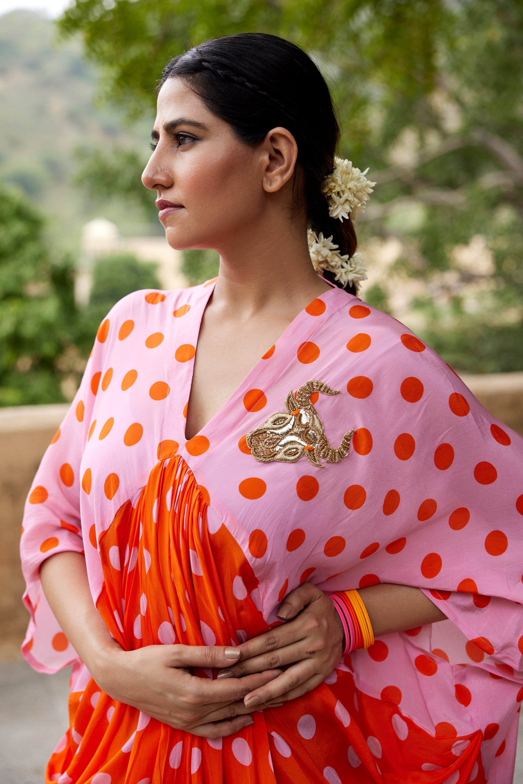 Pink and orange polka half and half kaftan