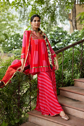 Red and pink polka kurta and sharara