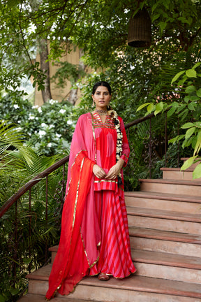 Red and pink polka kurta and sharara