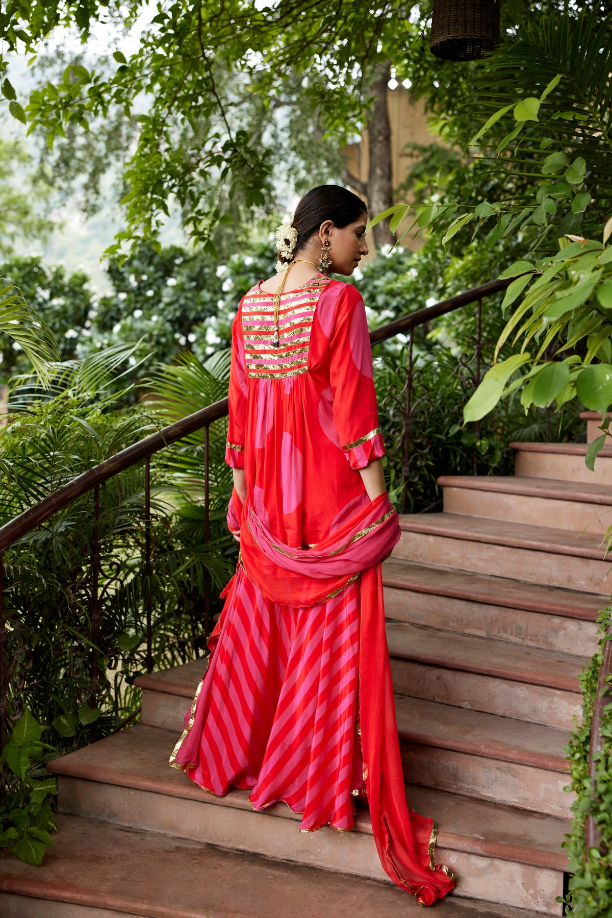 Red and pink polka kurta and sharara