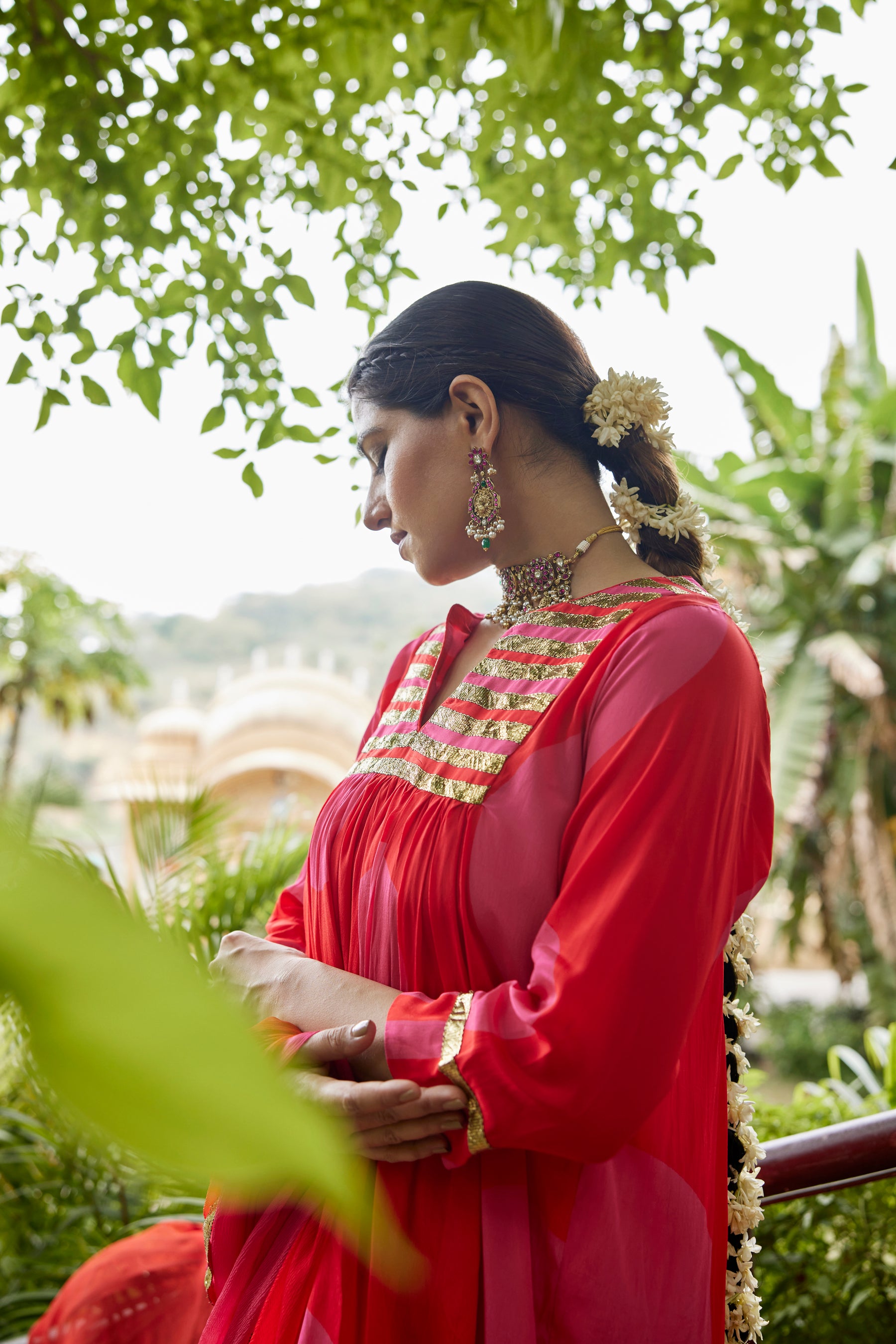 Red and pink polka kurta and sharara