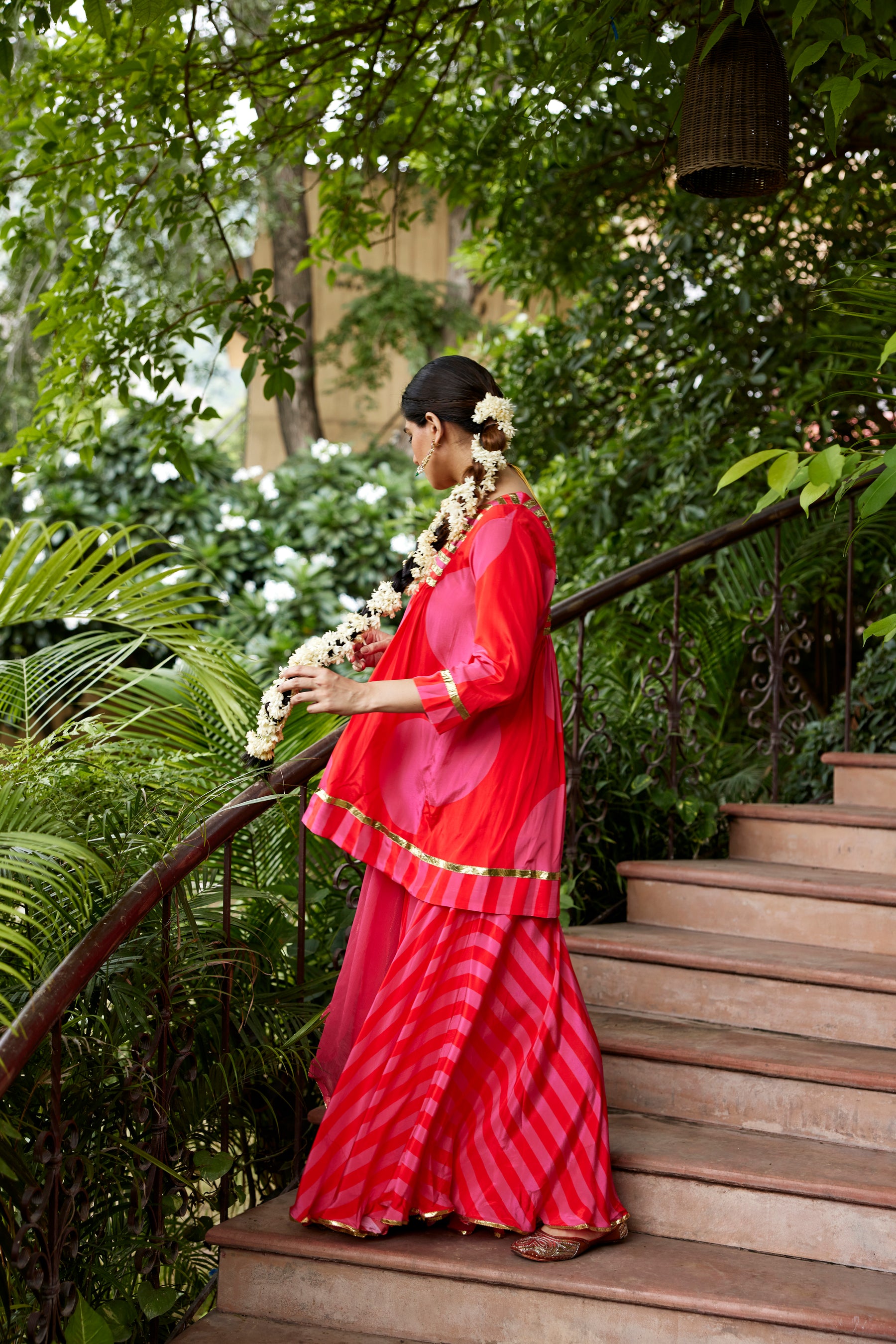 Red and pink polka kurta and sharara