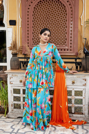 Sky blue floral printed sharara set