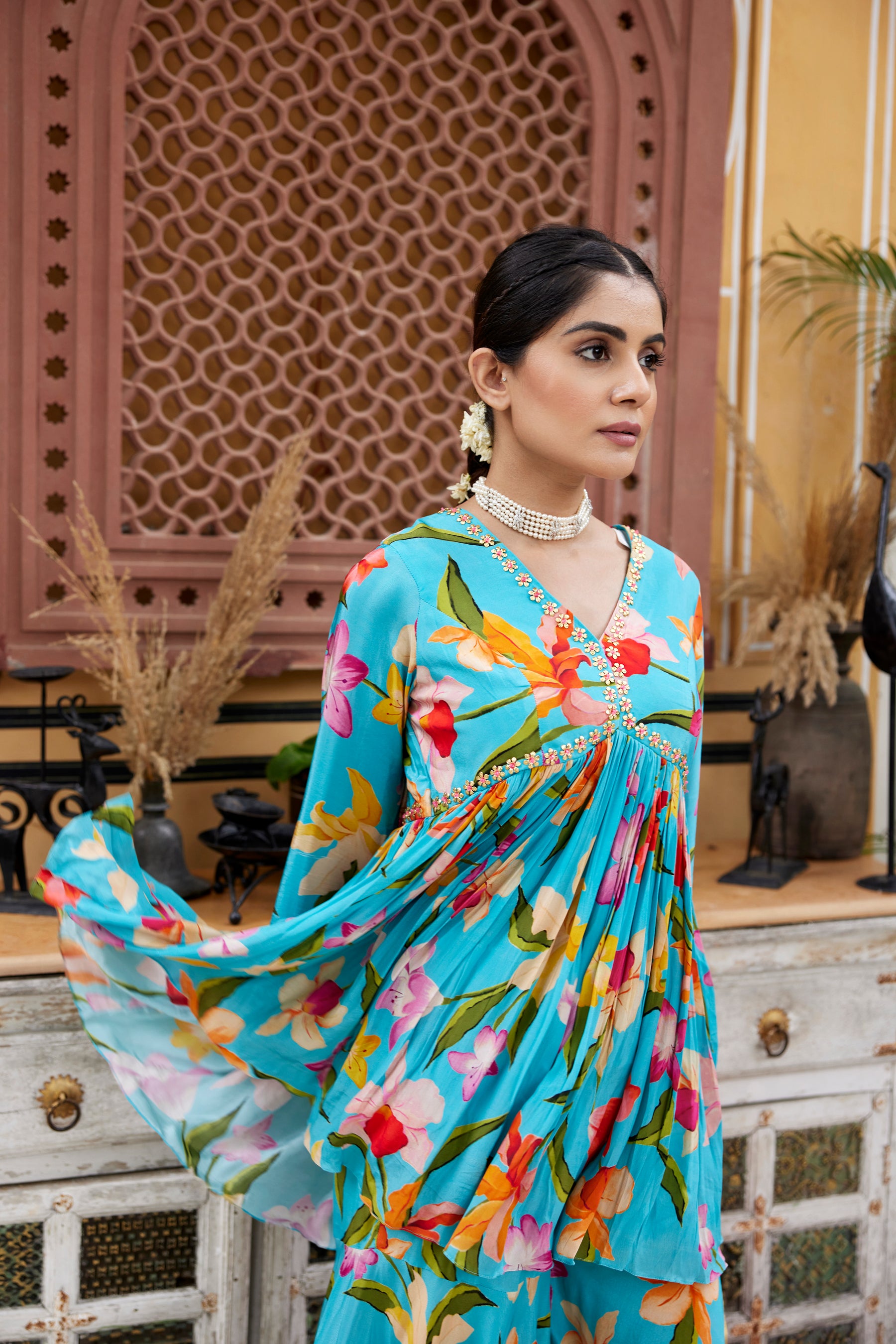 Sky blue floral printed sharara set