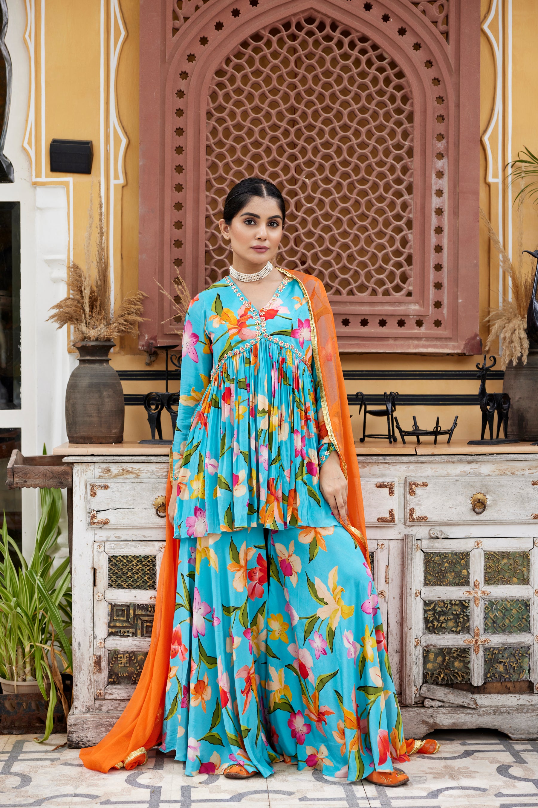 Sky blue floral printed sharara set