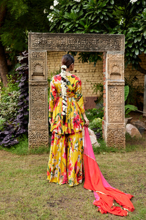 yellow floral printed peplum and sharara set