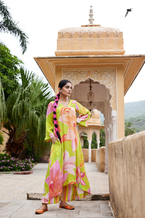 Neon green asymmetric long kurta set