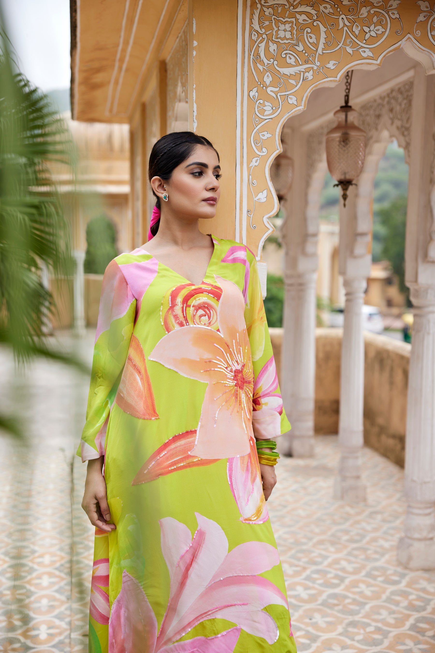 Neon green asymmetric long kurta set