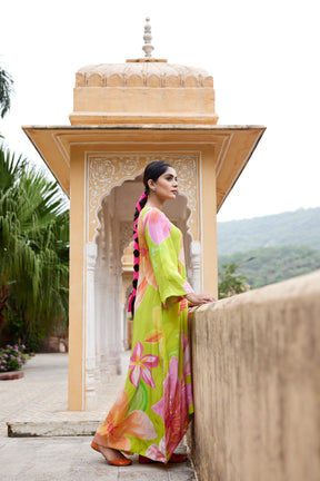 Neon green asymmetric long kurta set