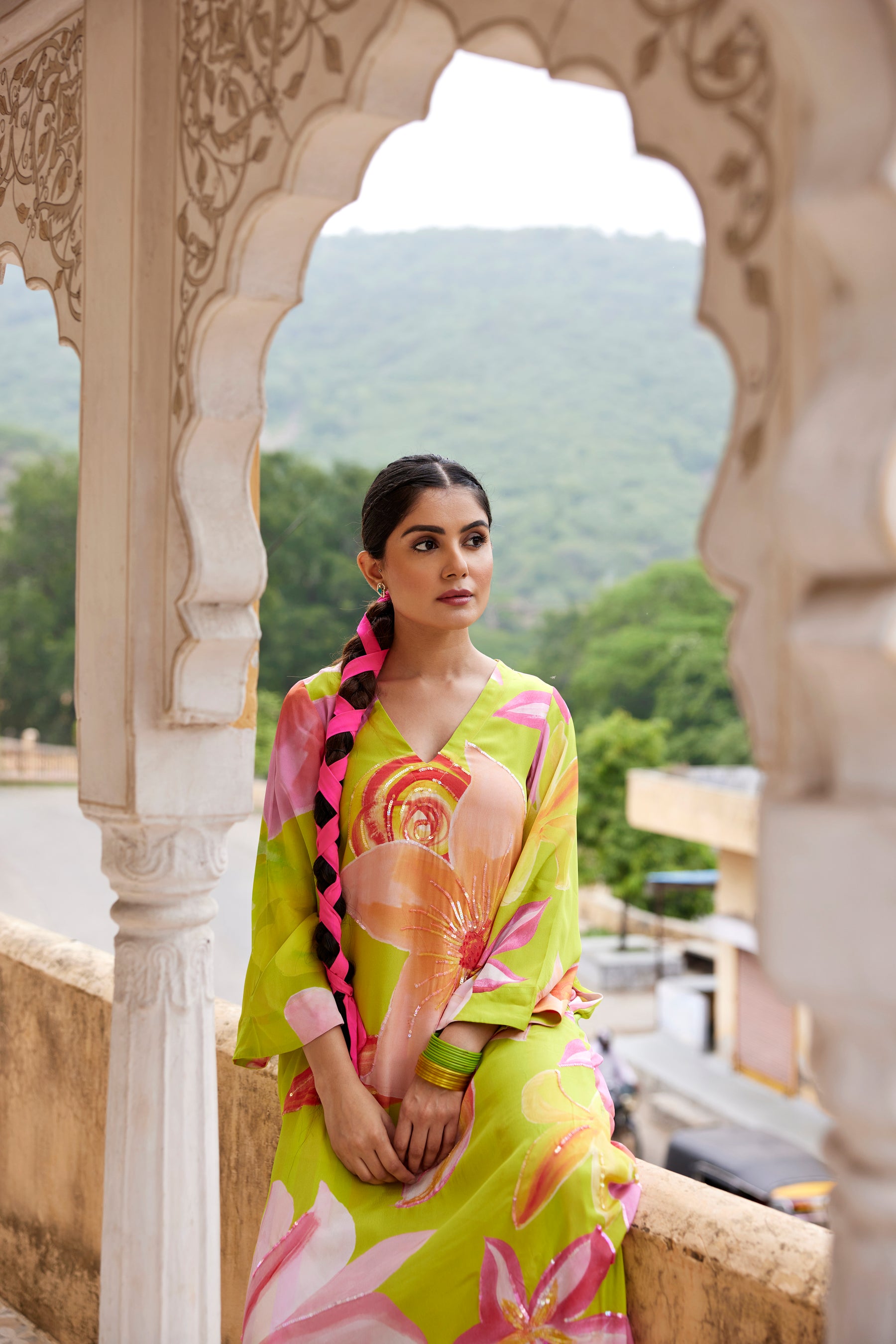 Neon green asymmetric long kurta set