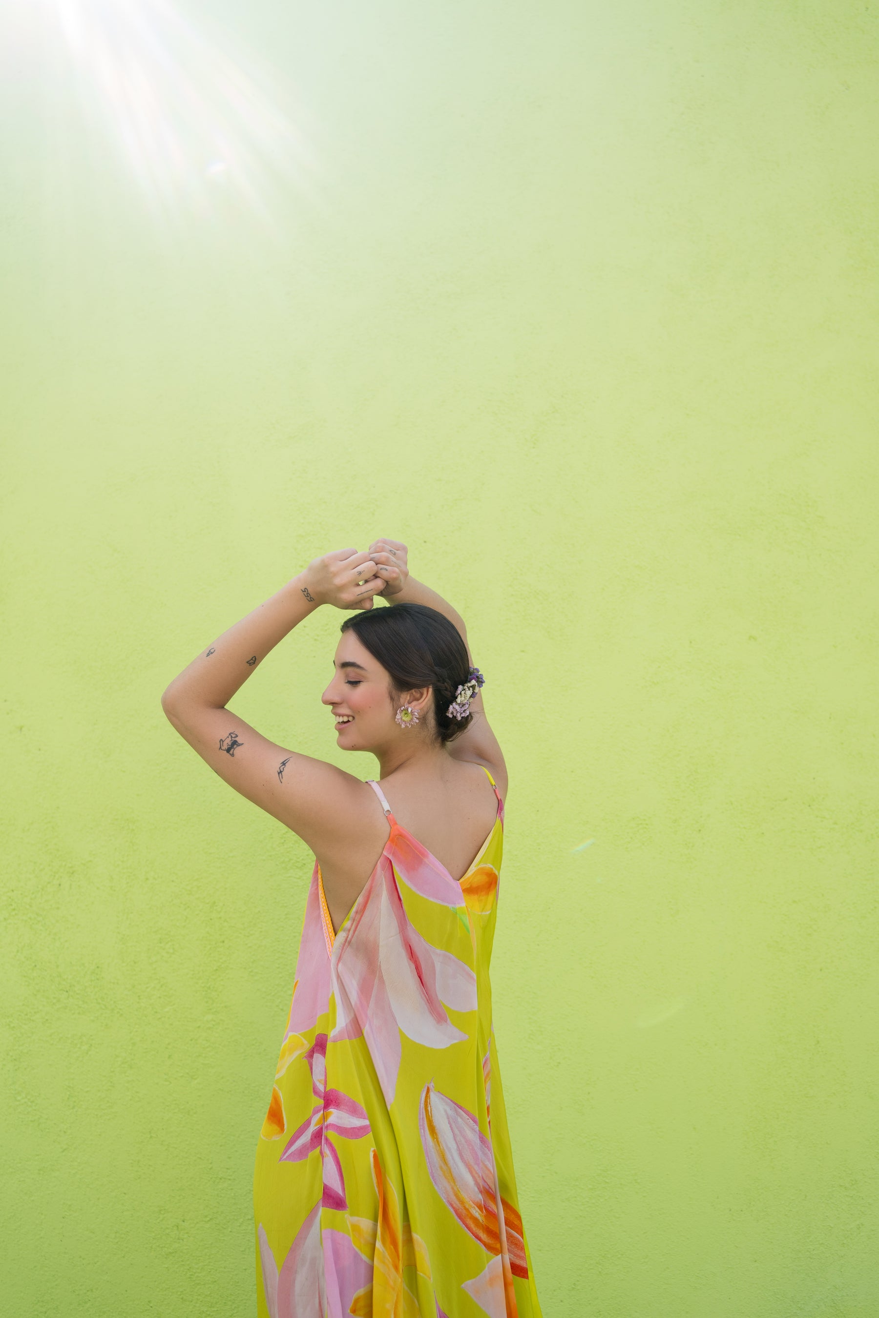 Neon green printed A-line dress