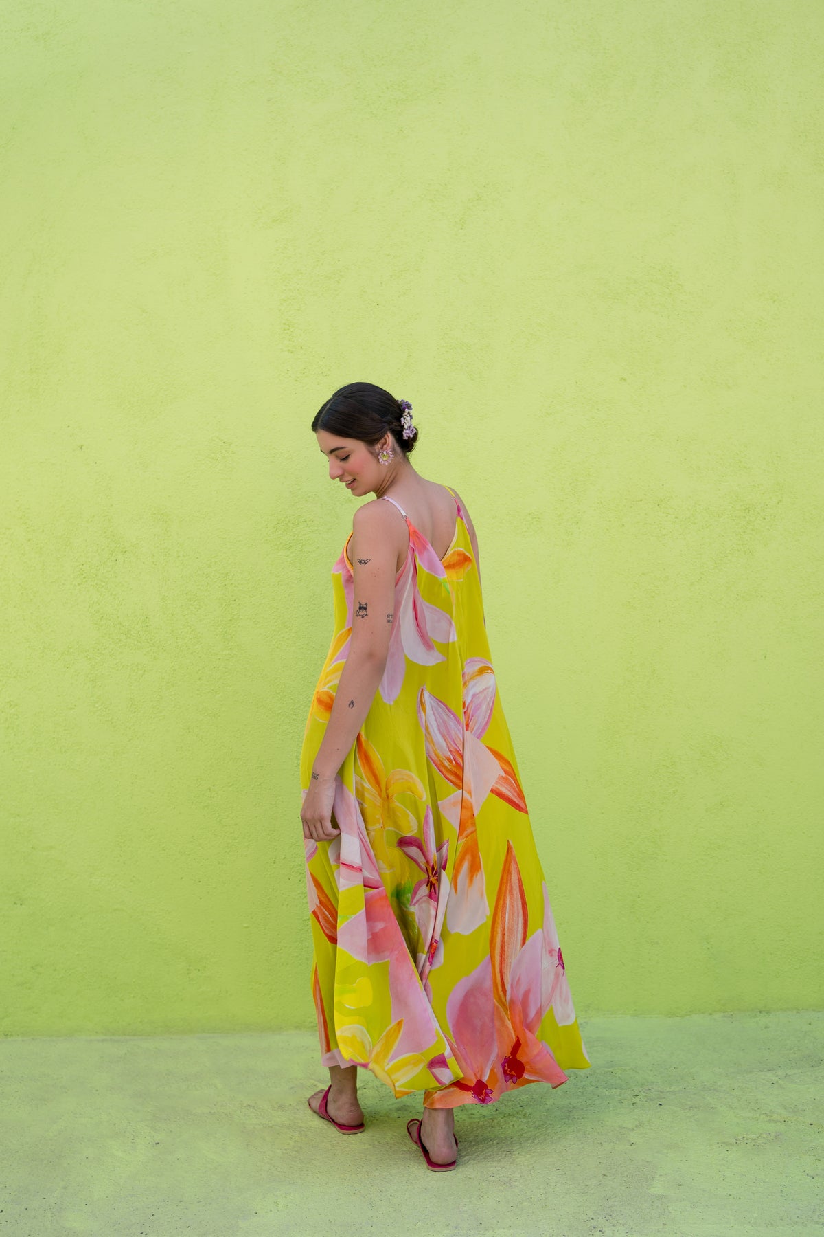 Neon green printed A-line dress