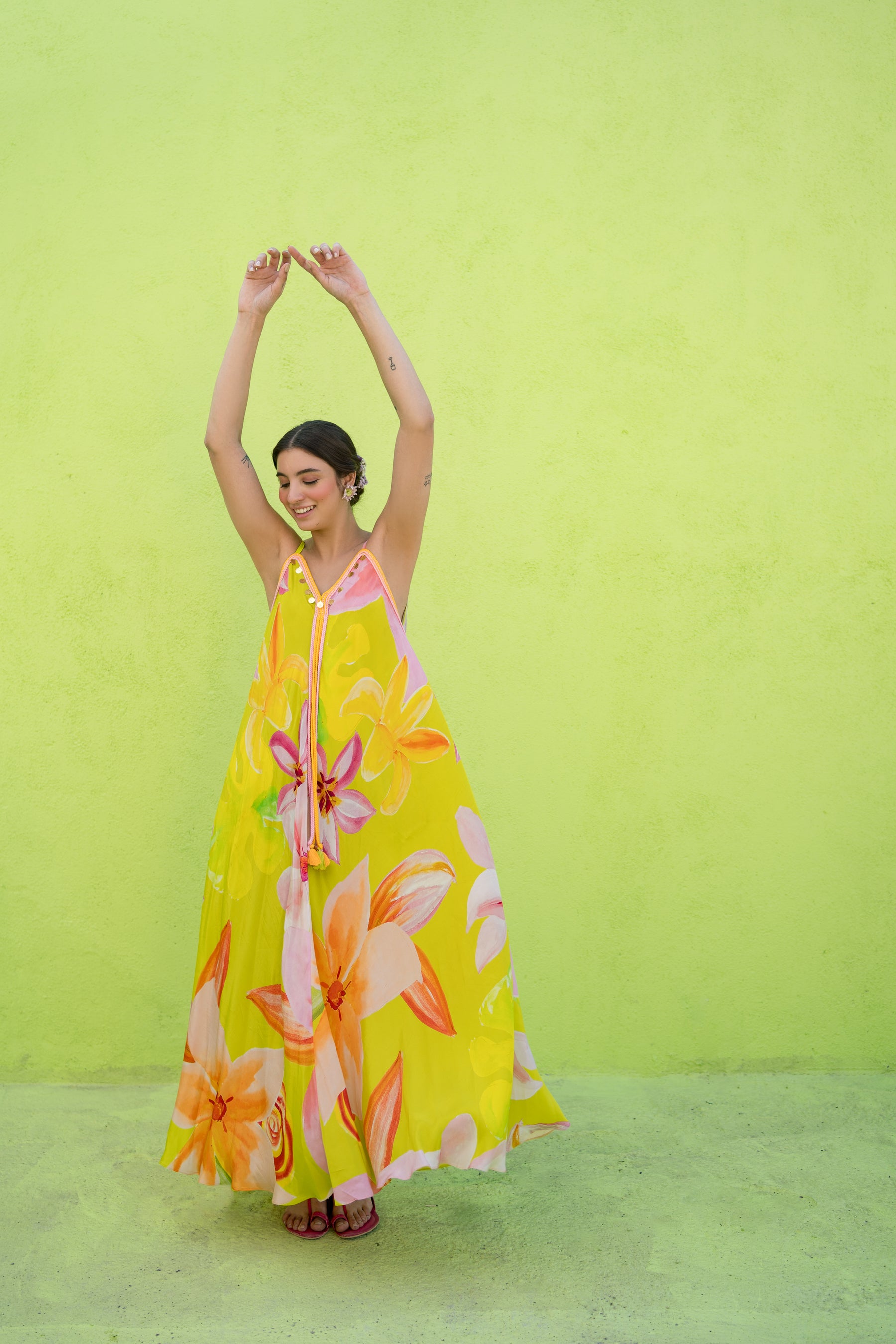 Neon green printed A-line dress