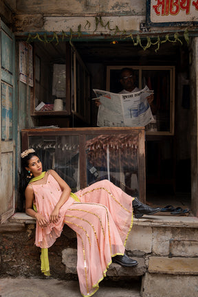 Pink kurta set with neon dupatta