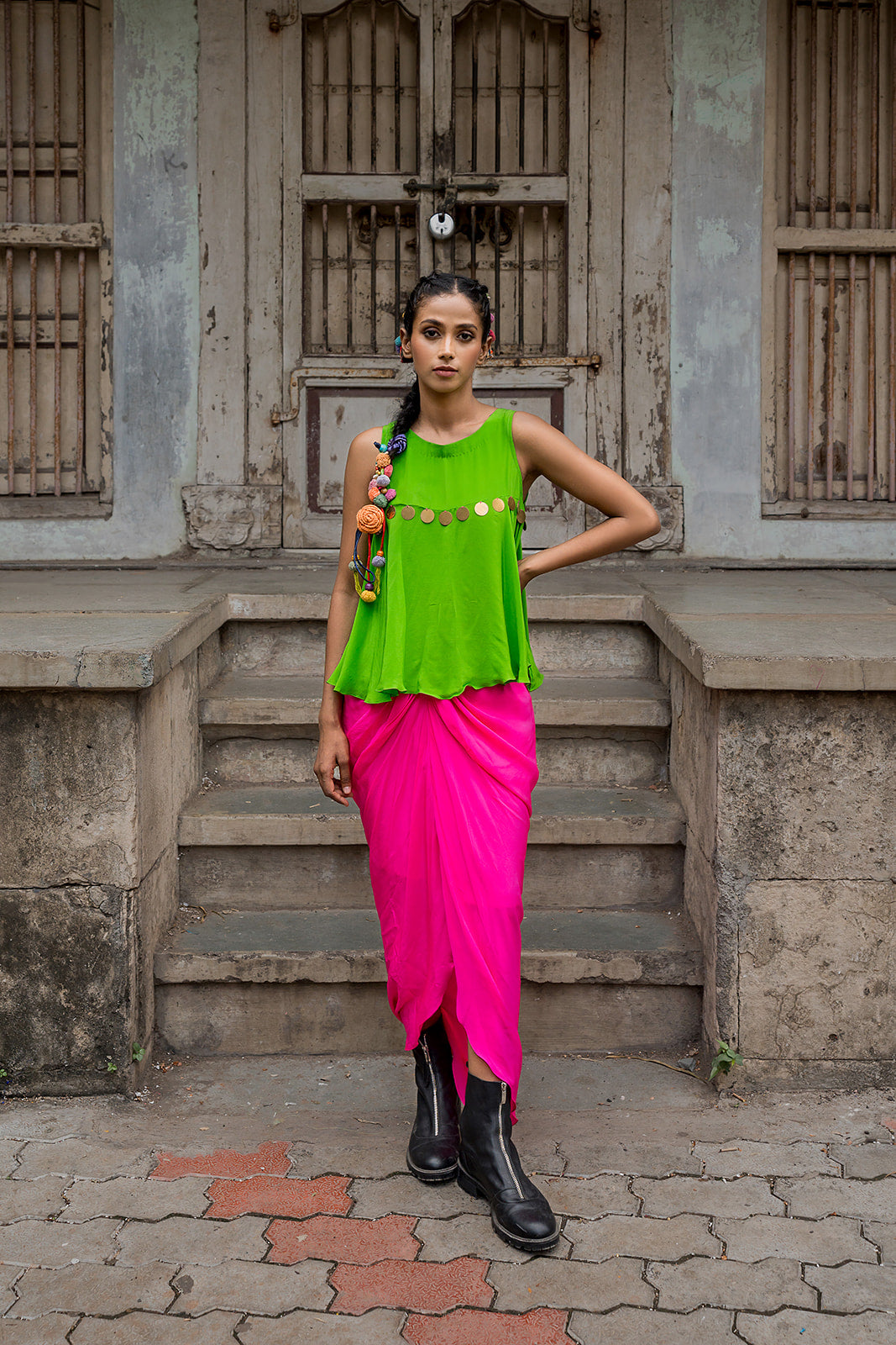 Hot pink draped skirt with top