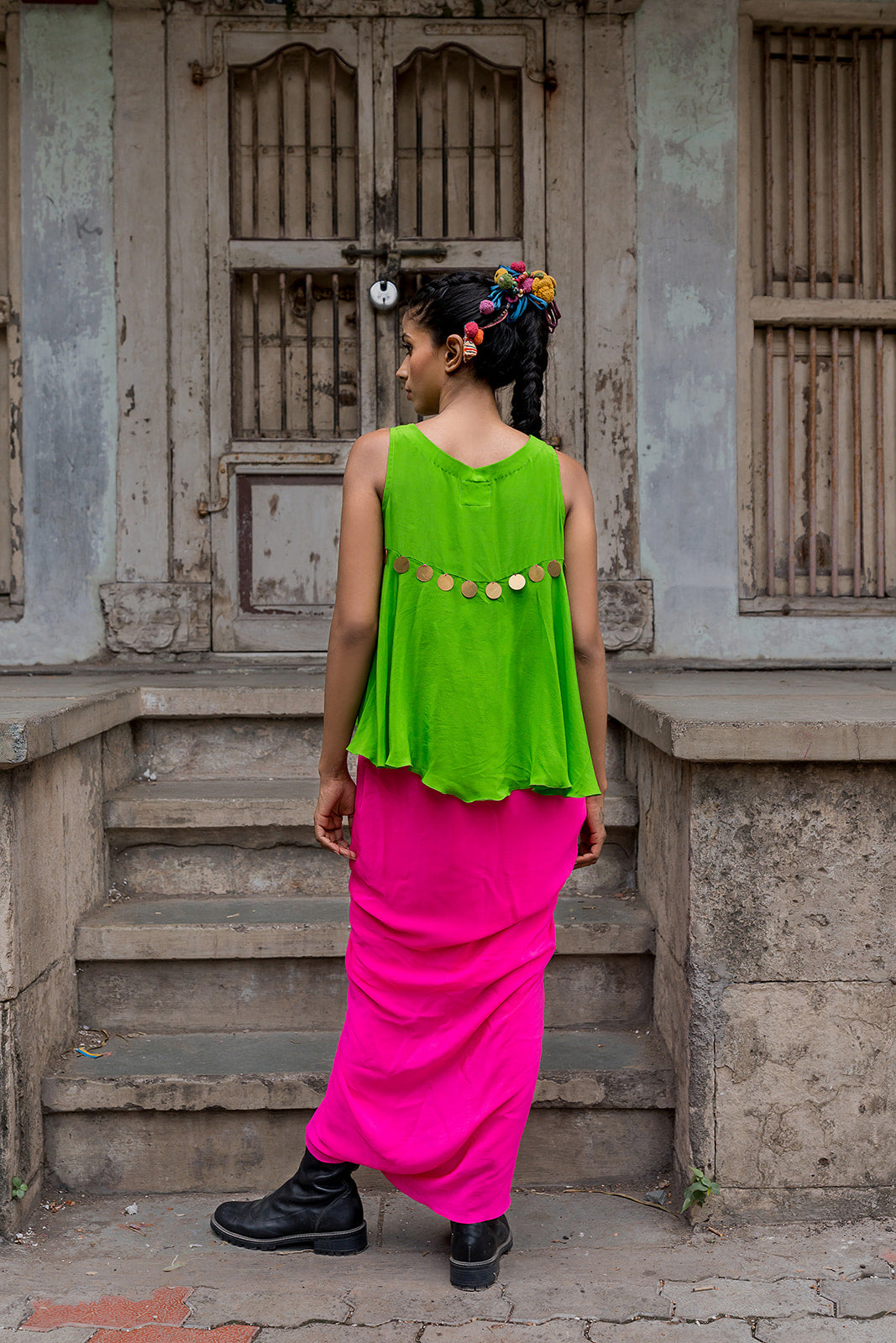 Hot pink draped skirt with top