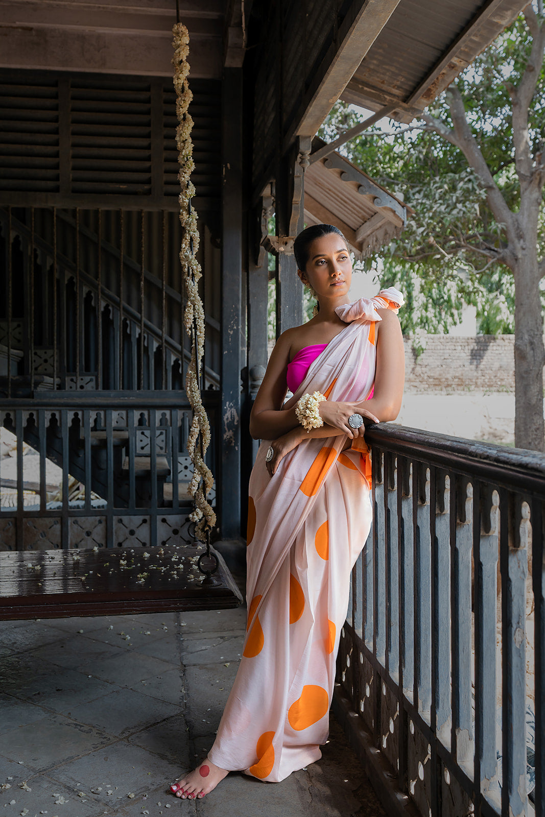 Beige Orange Saree